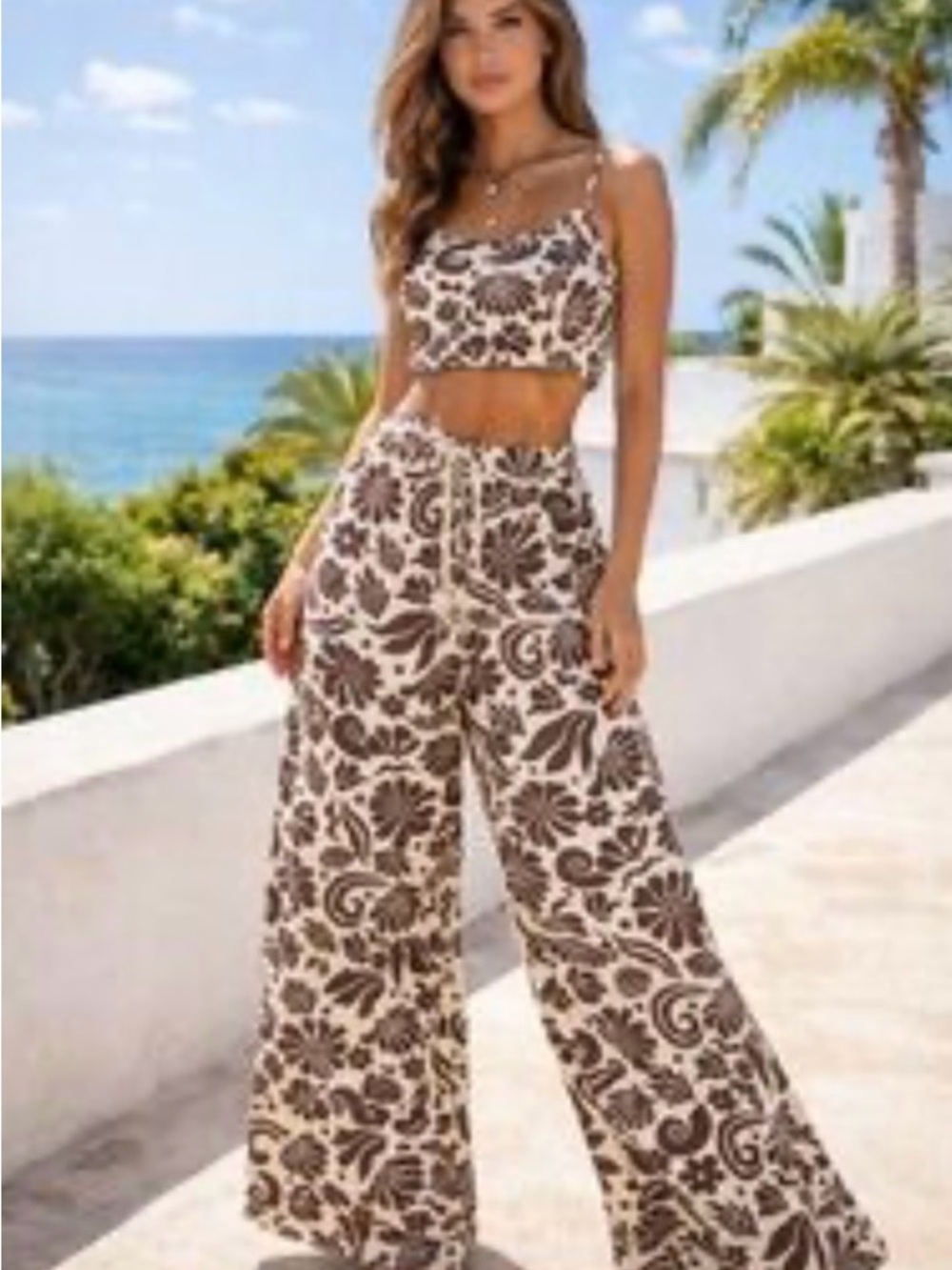 T.J.Maxx Brown Floral Wide-Leg Drawstring Pants